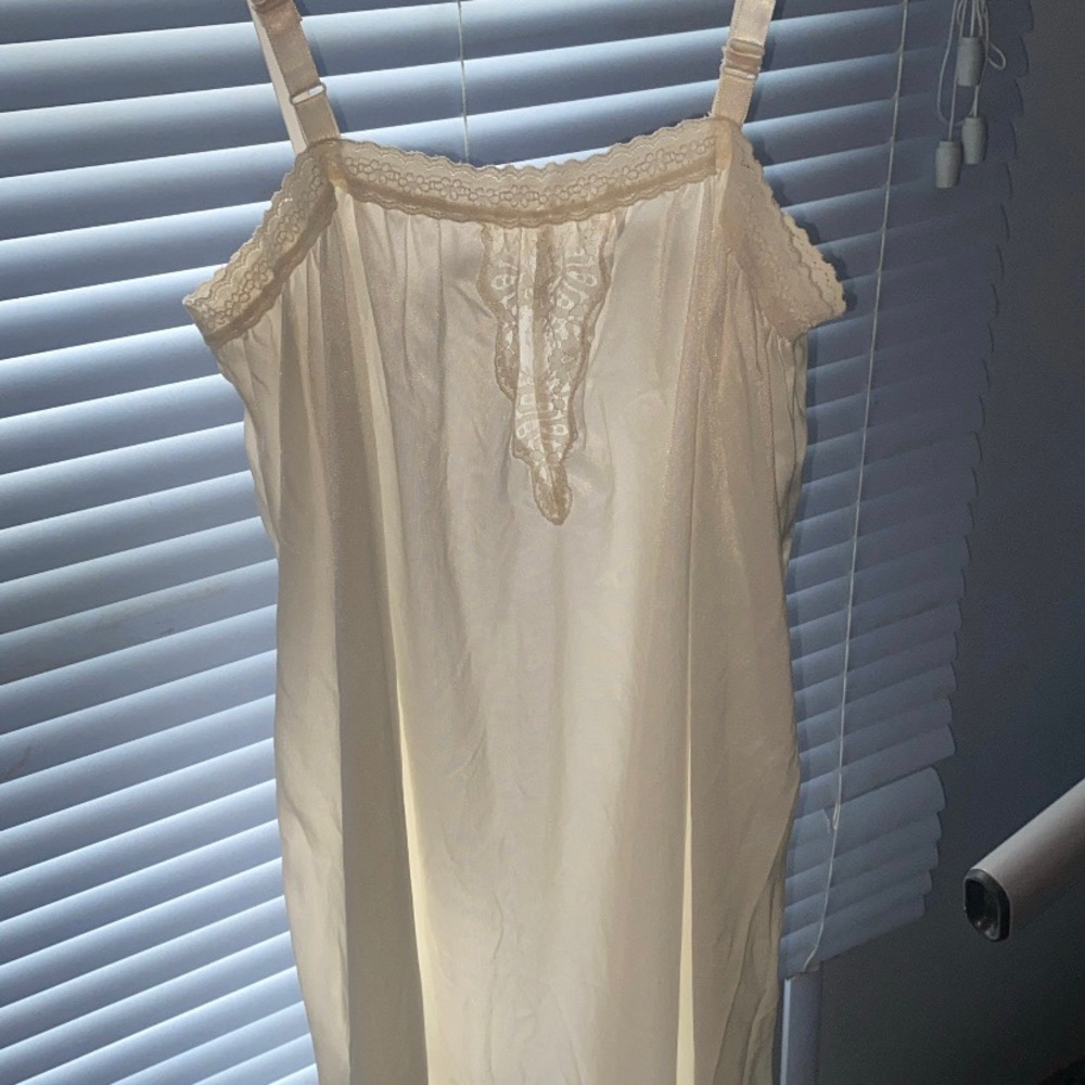 Pink Lady Vintage Lace Trim Cream White Satin Slip Dress